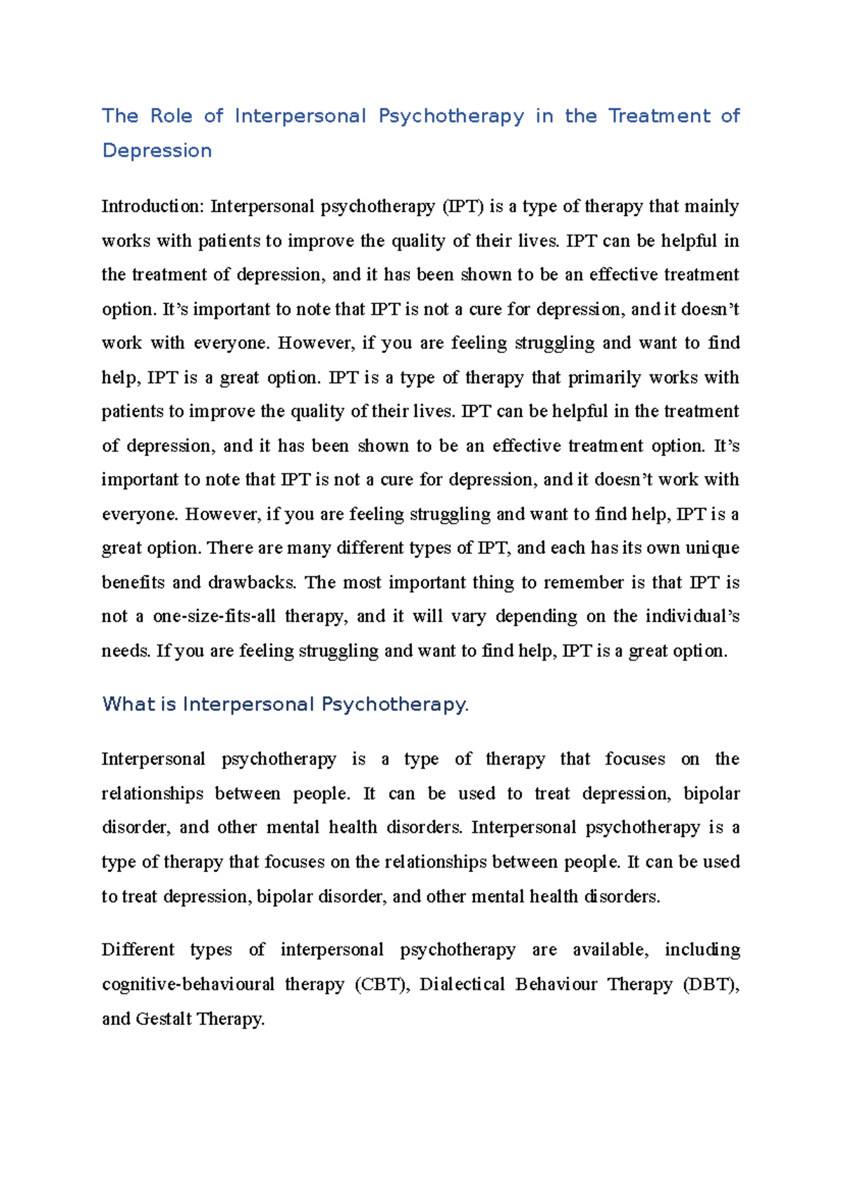 The Role of Interpersonal Psychotherapy in the Treatment of Depression ...