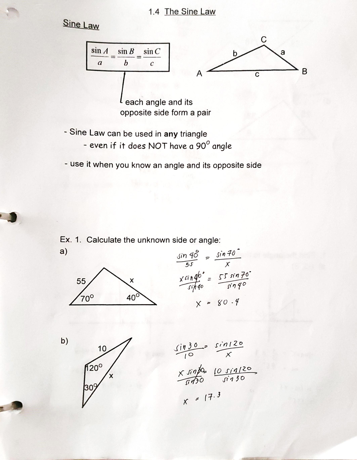 Sine Law and Cosine Law notes and assignment answers - 1 The Sine Law ...