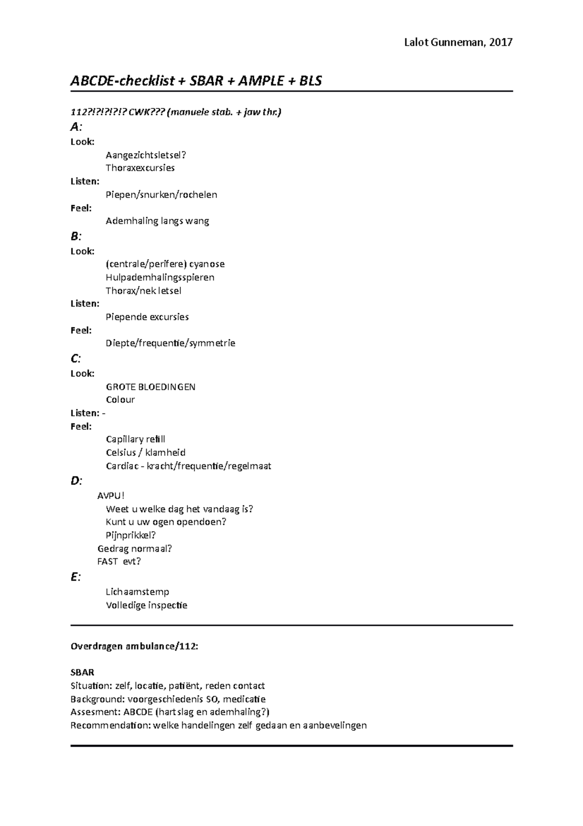 Abcde checklist - Samenvatting Klinische vaardigheden en Professioneel ...