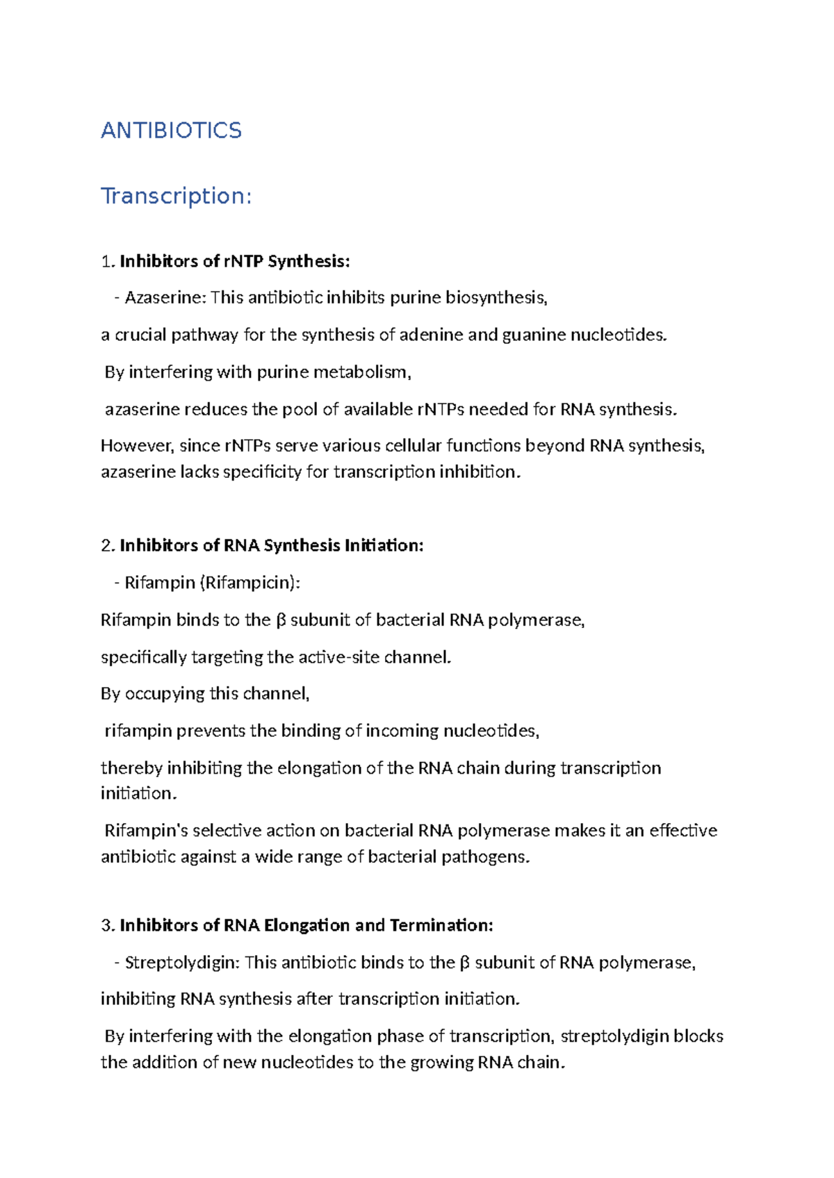 MBY 355 Antibiotics - ANTIBIOTICS Transcription: 1. Inhibitors of rNTP ...