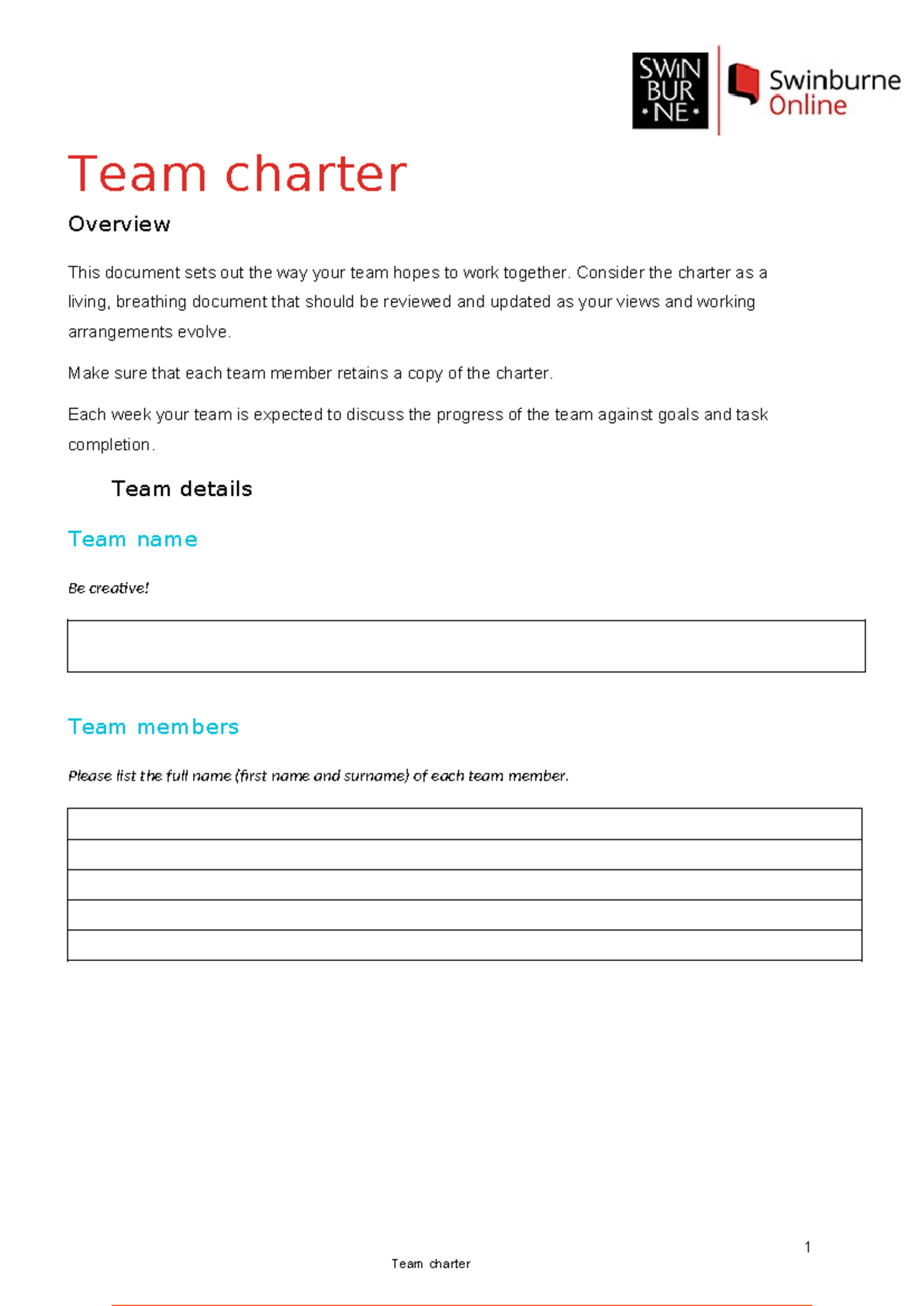 Team charter template - Team charter Overview This document sets out ...
