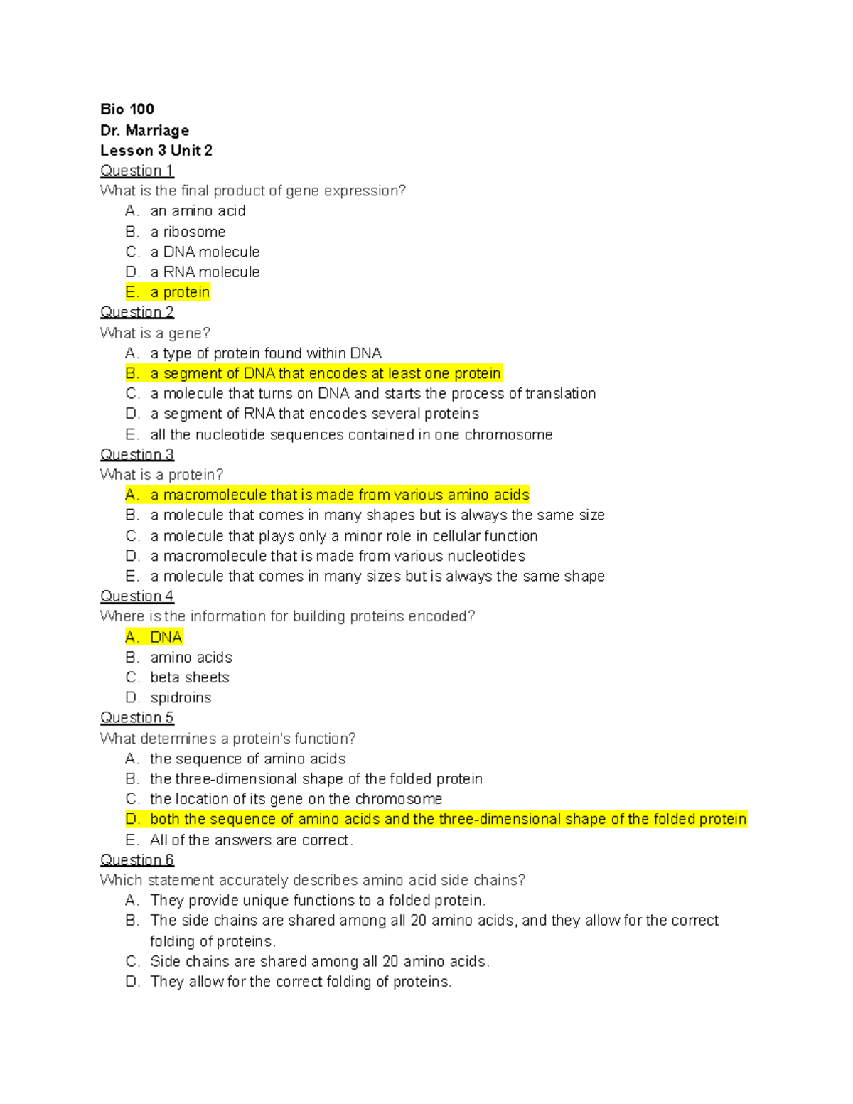 Bio 100 Lesson 3 Unit 2 Quiz - Bio 100 Dr. Marriage Lesson 3 Unit 2 ...