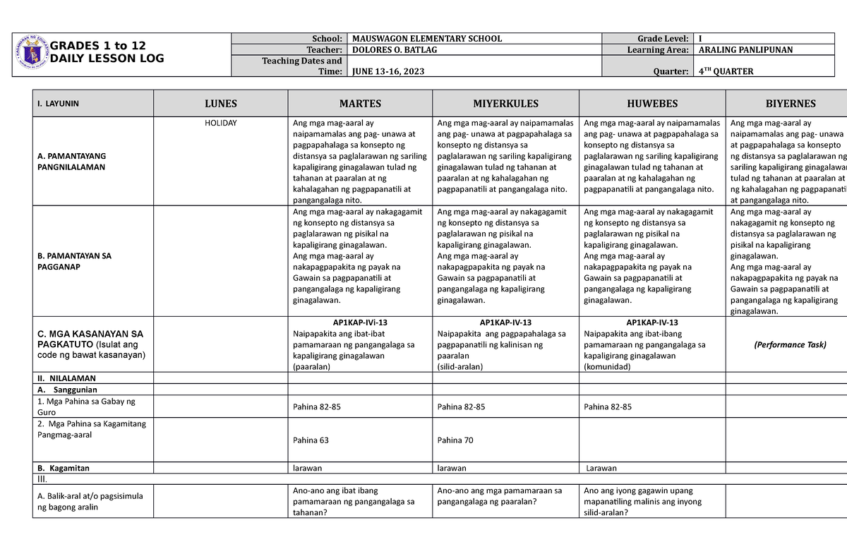 DLL Araling Panlipunan 1 Q4 W7 - GRADES 1 to 12 DAILY LESSON LOG School ...