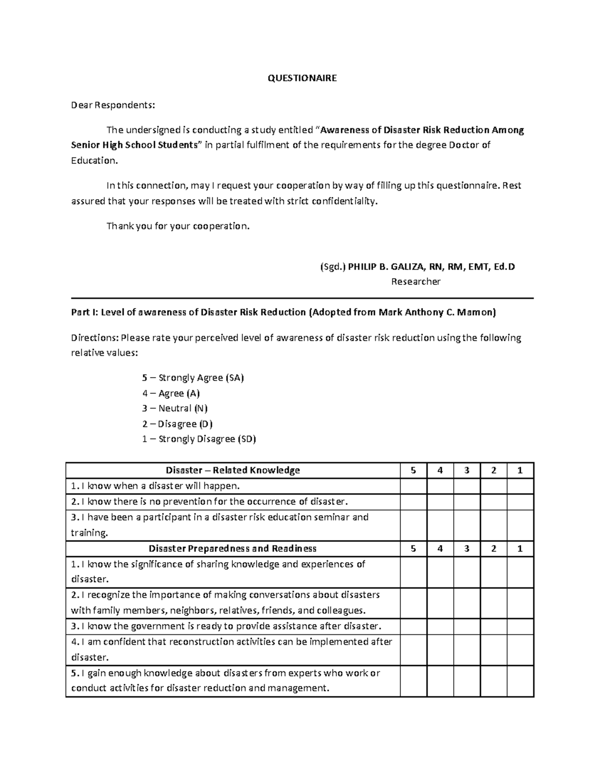 Ilide - READ - QUESTIONAIRE Dear Respondents: The undersigned is ...