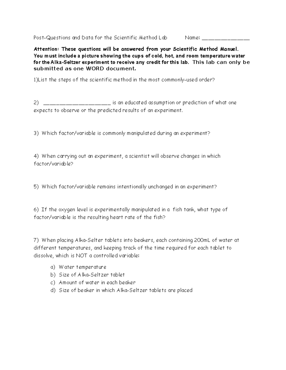 Scientific method post lab questions4 PostQuestions and Data for
