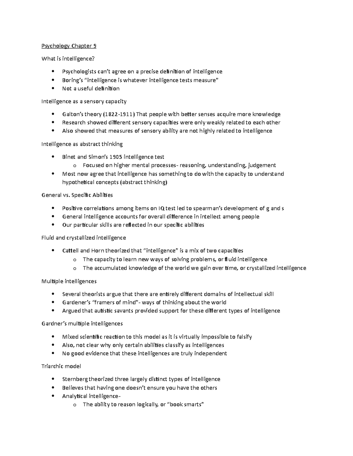 Psychology Chapter 9 Notes - Psychology Chapter 9 What is intelligence ...