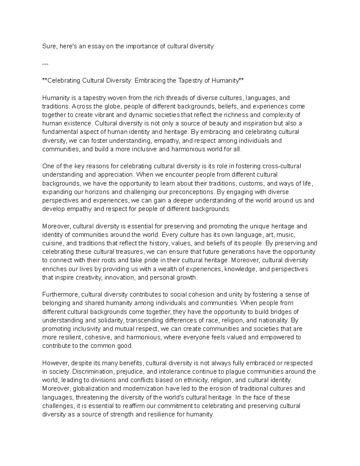 Essay (12) - ... - Sure, here's an essay on the importance of cultural ...
