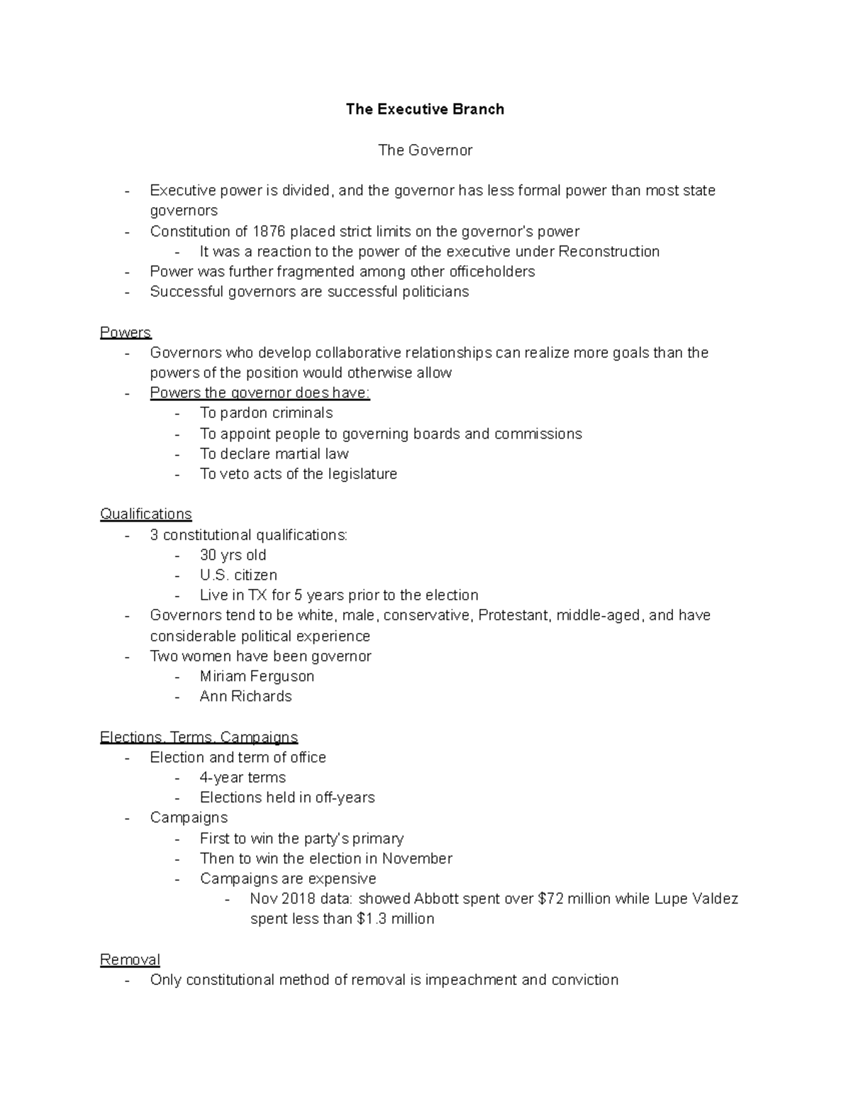 GOVT 2306 Chapter 8 Notes - The Executive Branch The Governor Executive ...