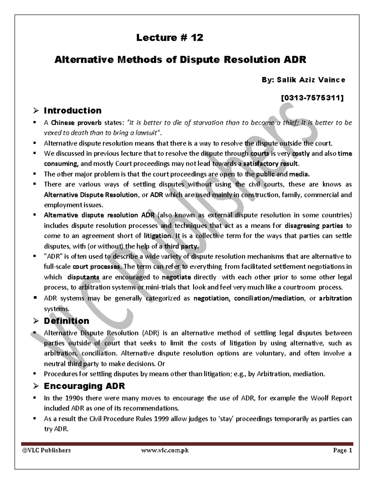 ELS ADR Alternative Dispute Resolution - Lecture # 12 Alternative ...