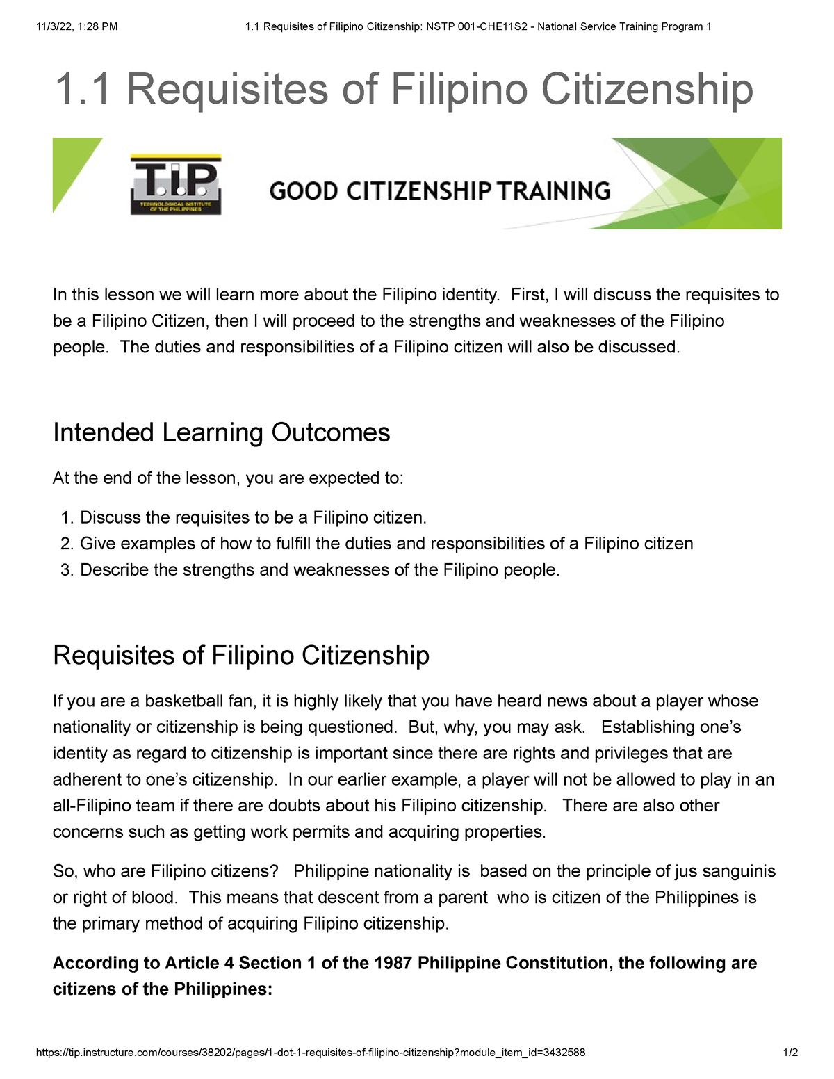 11 Requisites Of Filipino Citizenship Nstp 001 Che11s2 National Service Training Program 1 7619
