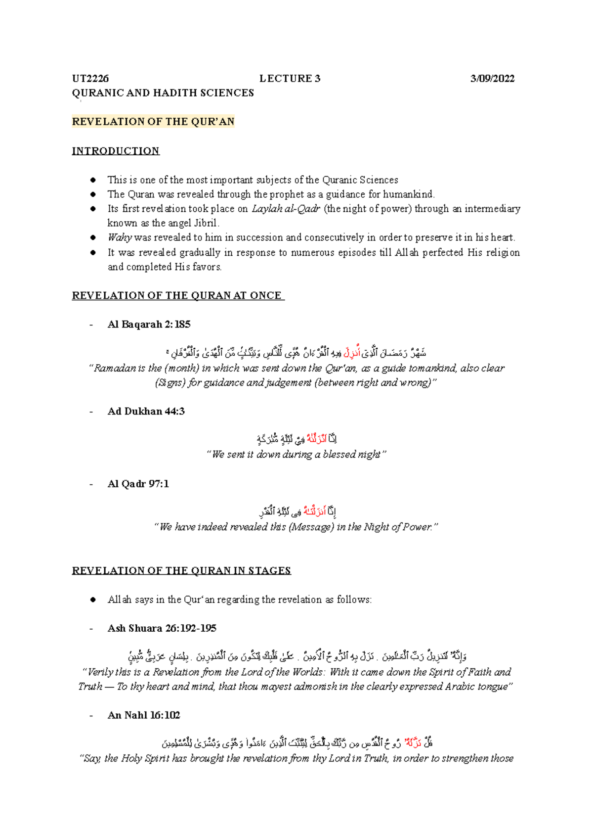 REVELATION OF THE QURAN - UT2226 LECTURE 3 3/09/ QURANIC AND HADITH ...