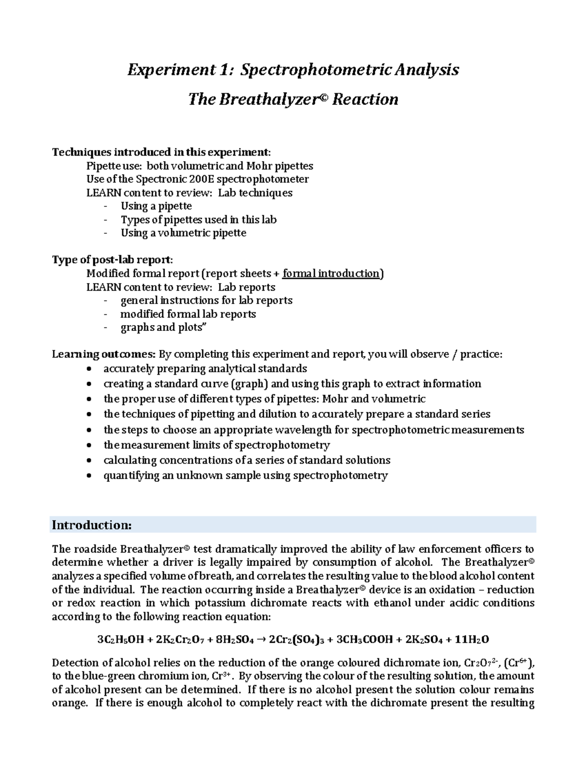Breathalyzer background w21 Experiment 1 Spectrophotometric Analysis The Breathalyzer