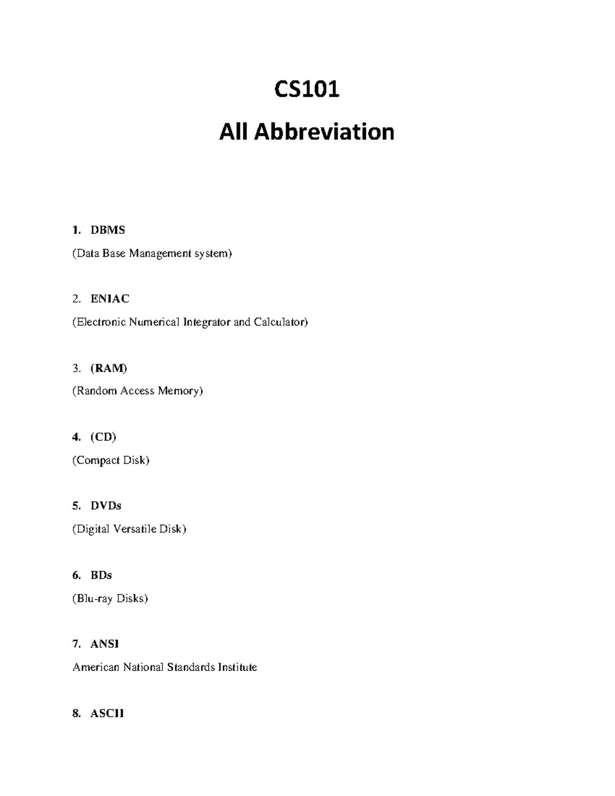 CS101 Abbreviations from lectures 1 to 81 CS All Abbreviation 1. DBMS