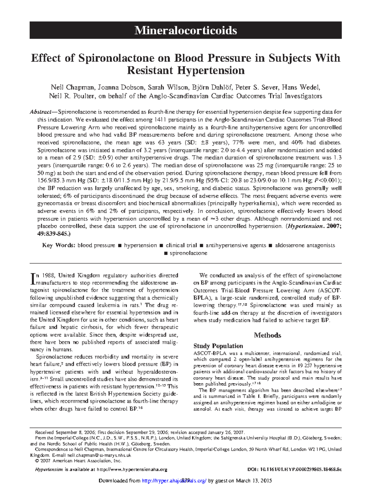 Effect of spironolactone on blood pressure in subjects with resistan