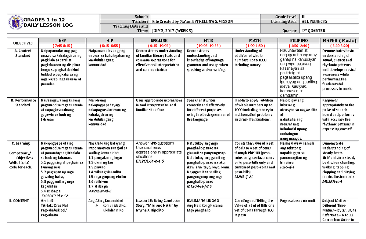 DLL ALL Subjects 2 Q1 W5 D1 - GRADES 1 to 12 DAILY LESSON LOG School ...