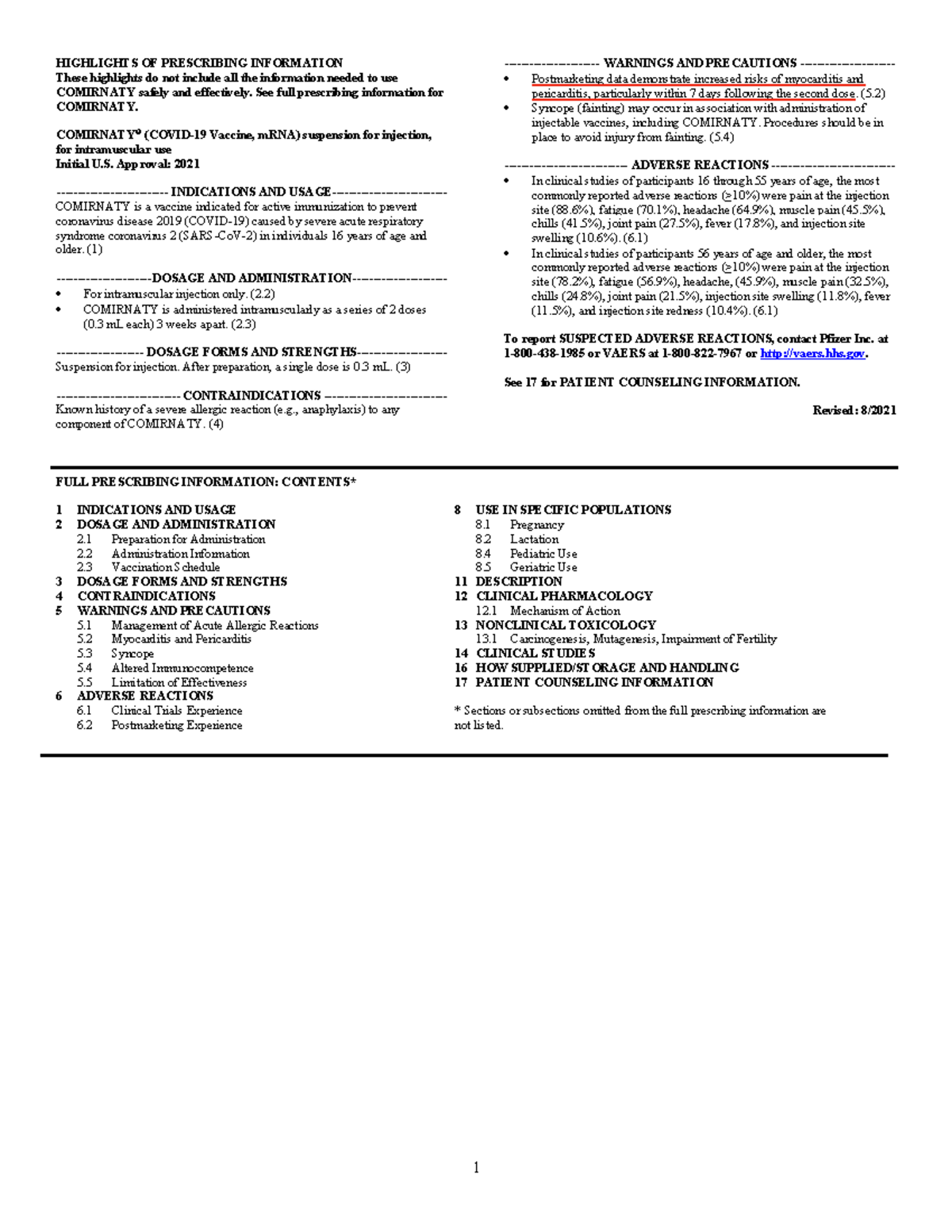Package Insert Comirnaty HIGHLIGHTS OF PRESCRIBING INFORMATION