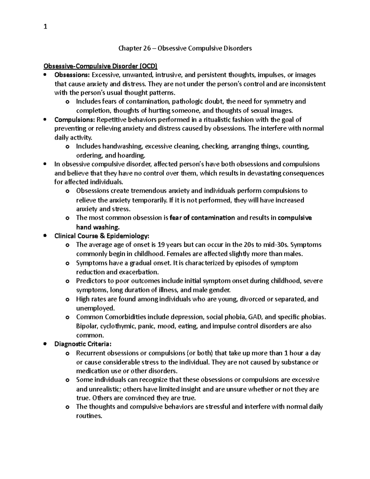 Chapter 26 Notes - Chapter 26 – Obsessive Compulsive Disorders ...