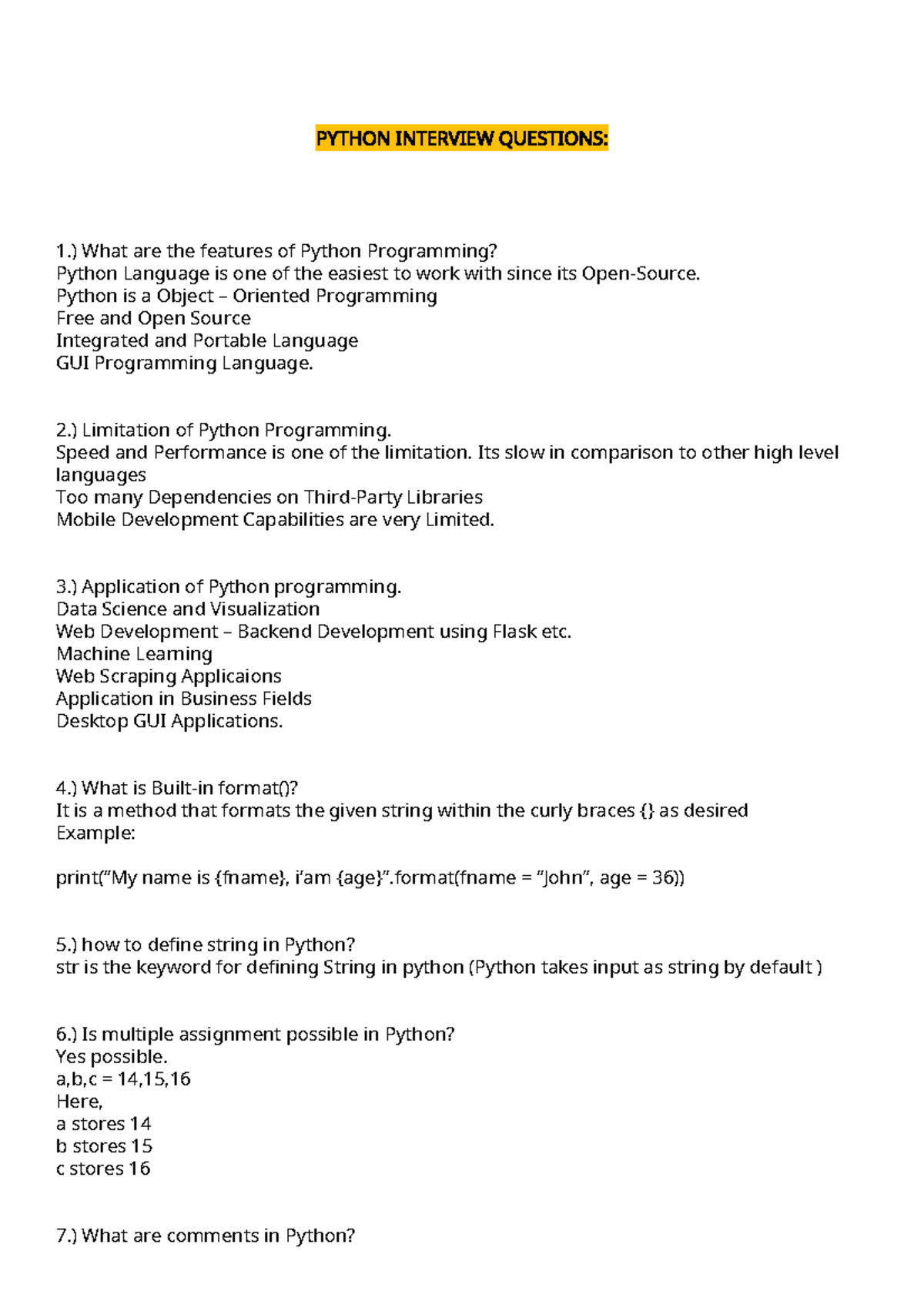 Python Interview Question - PYTHON INTERVIEW QUESTIONS: 1.) What are ...