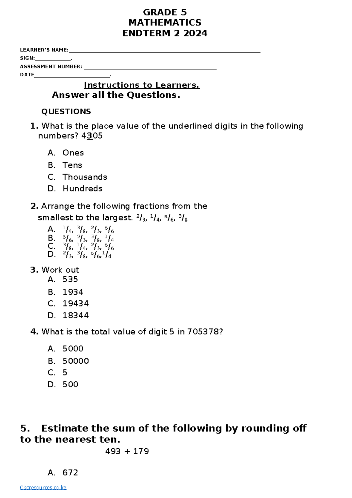 Grade 5 Mathematics Endterm 1 exam 2024 - GRADE 5 MATHEMATICS ENDTERM 2 ...