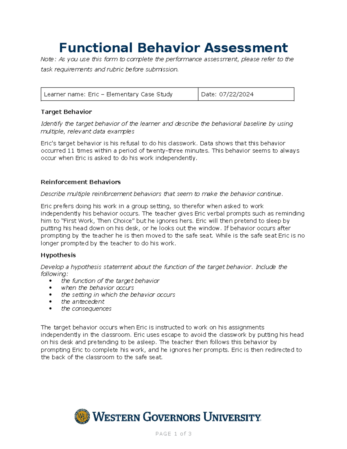 FBA BIP Form - FBA Bip Form Assignment Pass - Functional Behavior ...