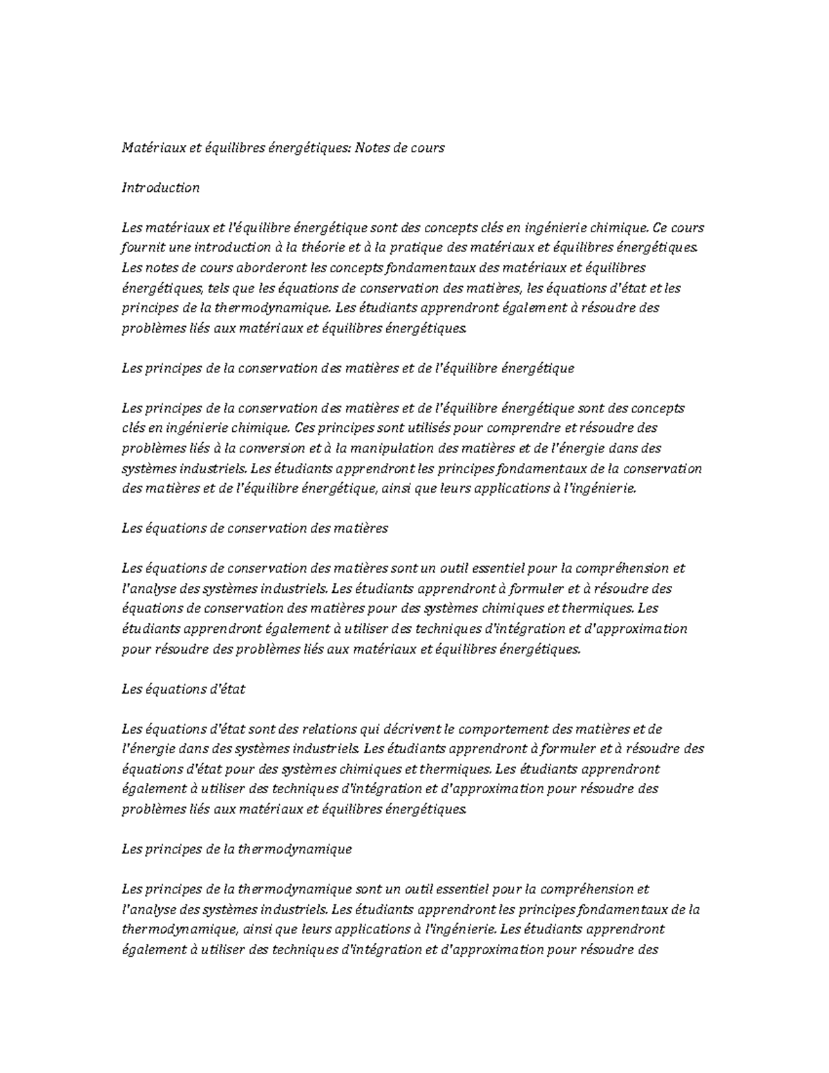 Material and Energy Balances Study Notes Matériaux et équilibres énergétiques Notes de cours