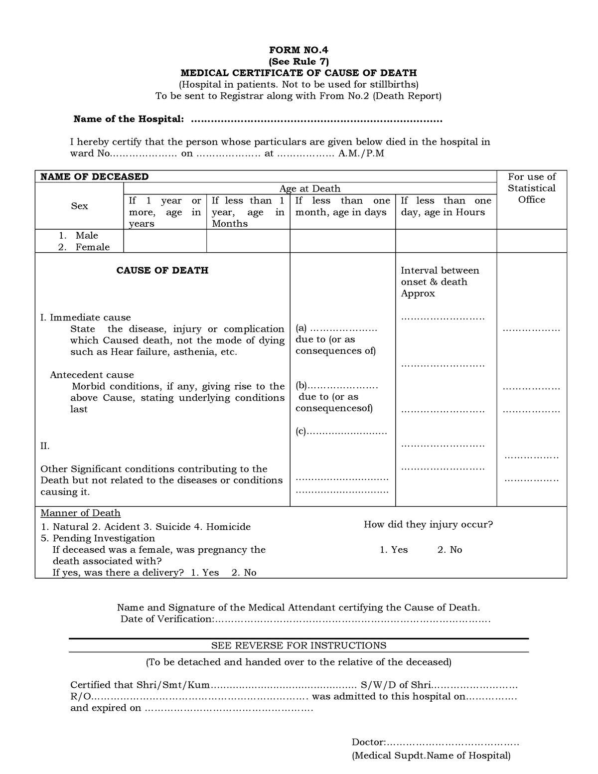 Medical Certificate Of Cause Of Death Form No 4a Pdf