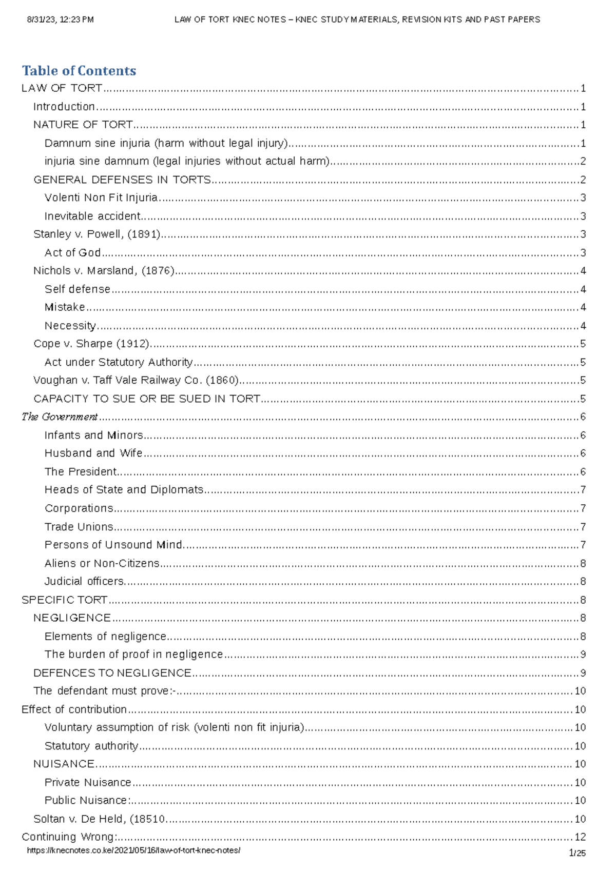 LAW OF TORT KNEC Notes KNEC Study Materials, Revision KITS AND PAST