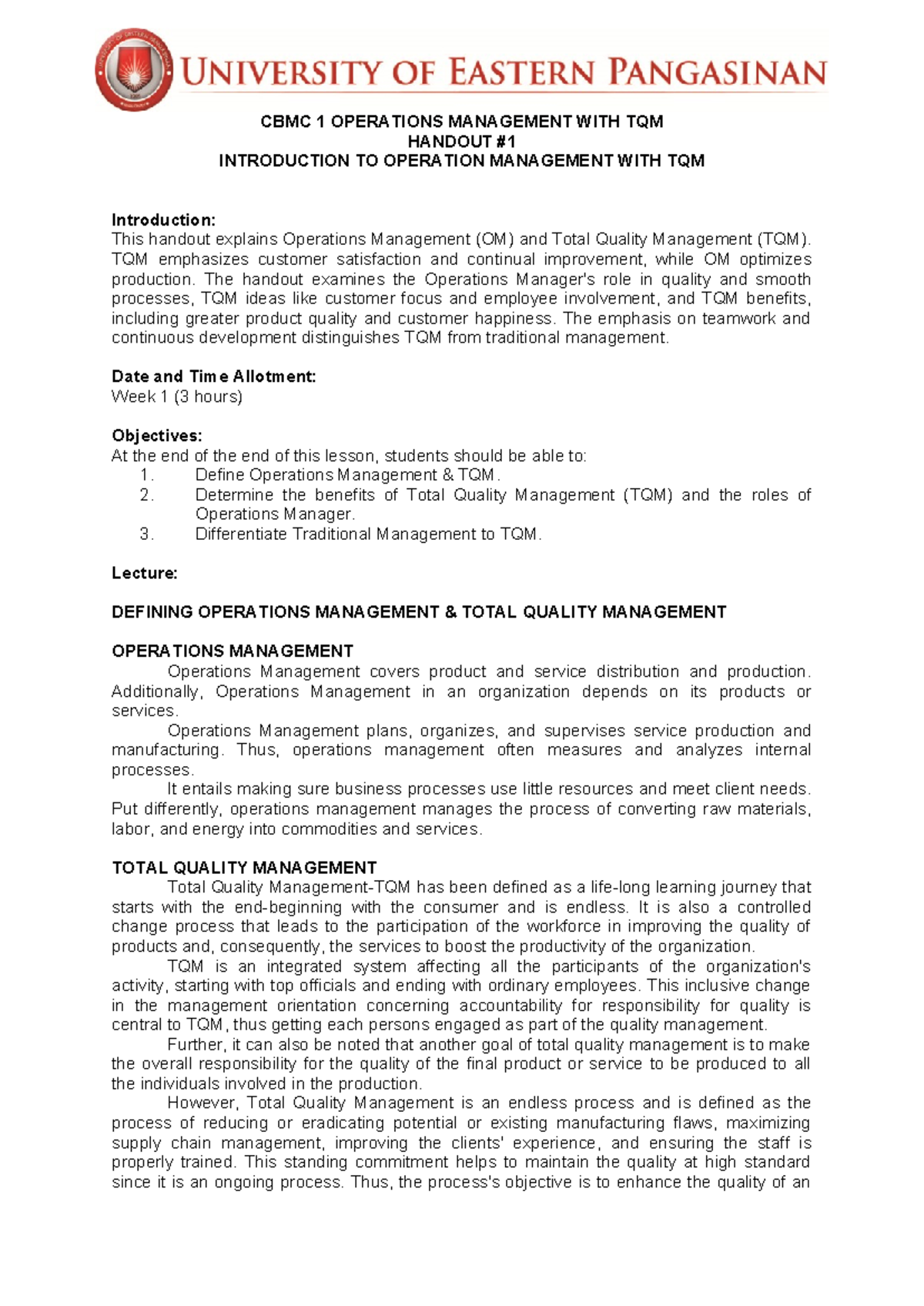 Handout-1 - Hehe - CBMC 1 OPERATIONS MANAGEMENT WITH TQM HANDOUT ...