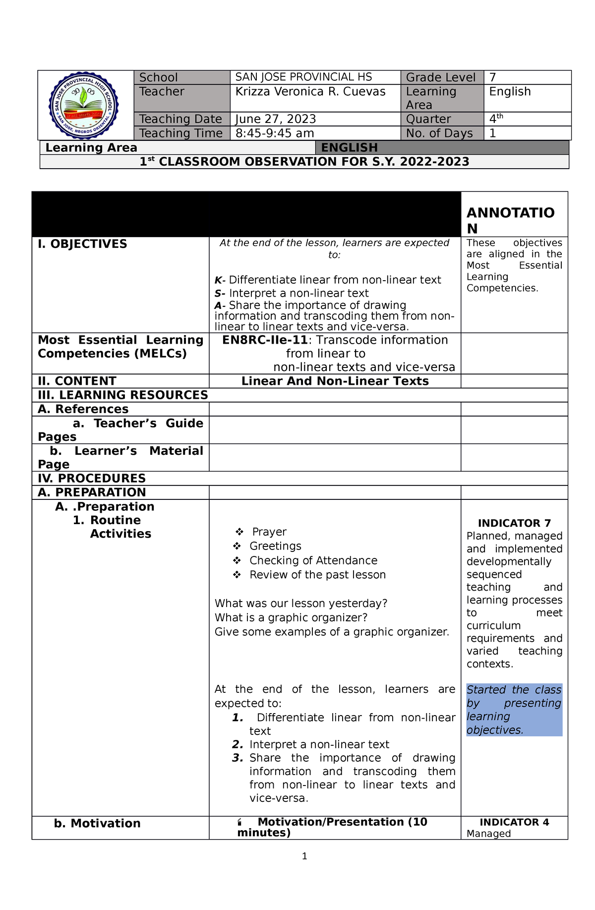 1st CO - Classroom Observation Lesson Plan - School SAN JOSE PROVINCIAL ...