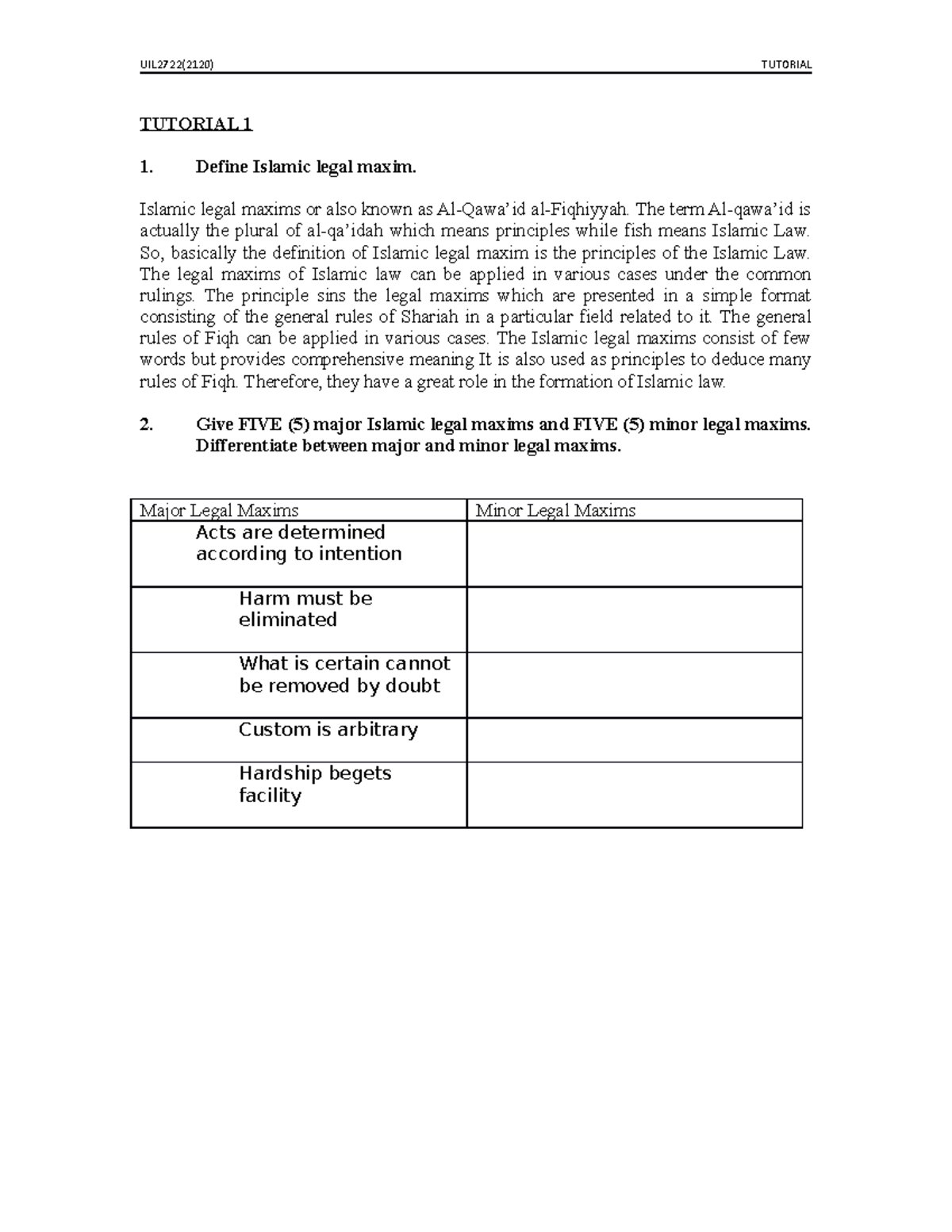 Tutorial 1 Uil2722 2120 Tutorial Tutorial 1 1 Define Islamic Legal