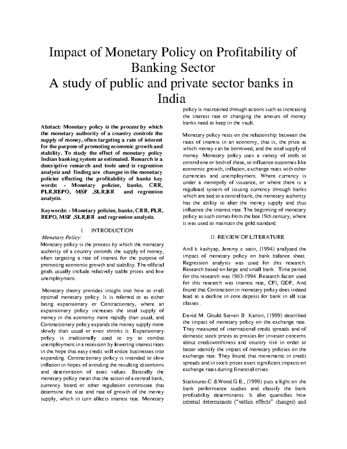 Impact of Monetary Policy on Profitability of Banking Sector - To study ...