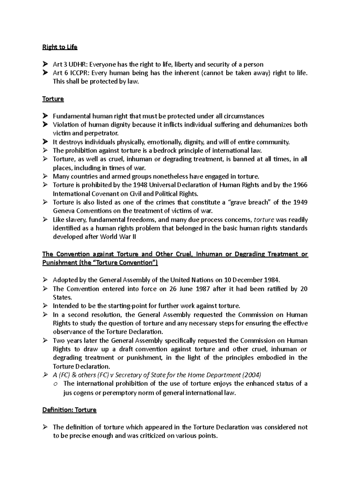Torture - Notes done for exam purposes - Right to Life Art 3 UDHR ...