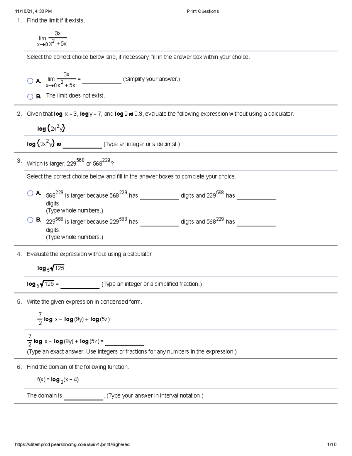 Practice+1+v1 - Hhhh - 1. 2. 3. 4. 5. 6. Find the limit if it exists ...
