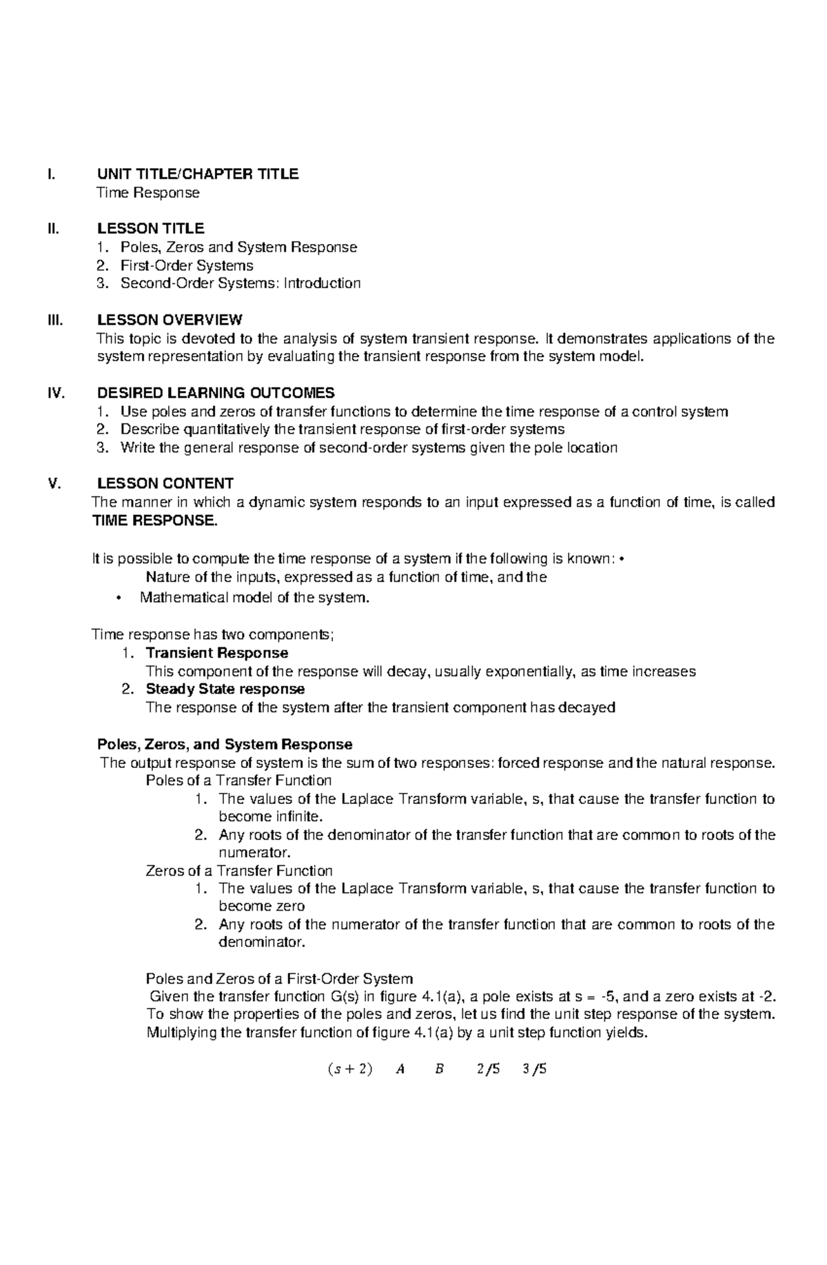 Feedback and Control System Lesson 4 I. UNIT TITLE/CHAPTER TITLE
