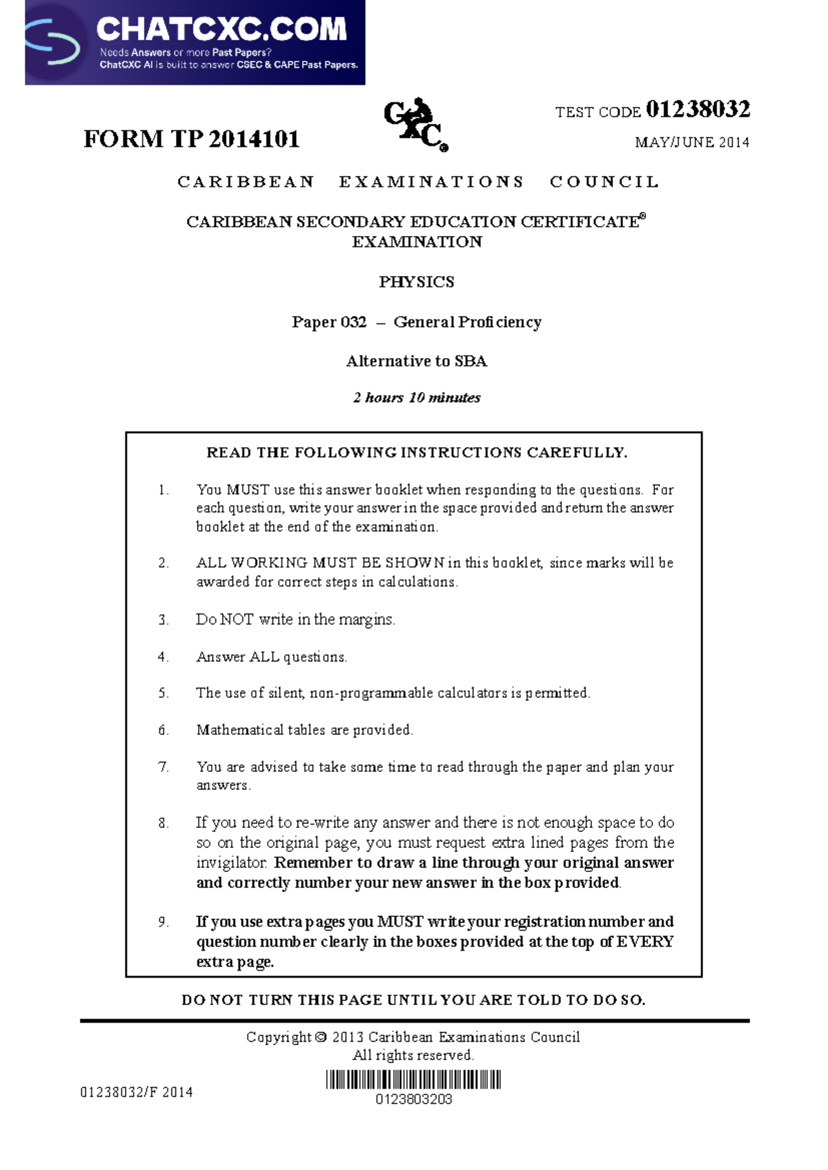 CSEC Physics P3 2014 - TEST CODE 01238032 FORM TP 2014101 MAY/JUNE 2014 ...