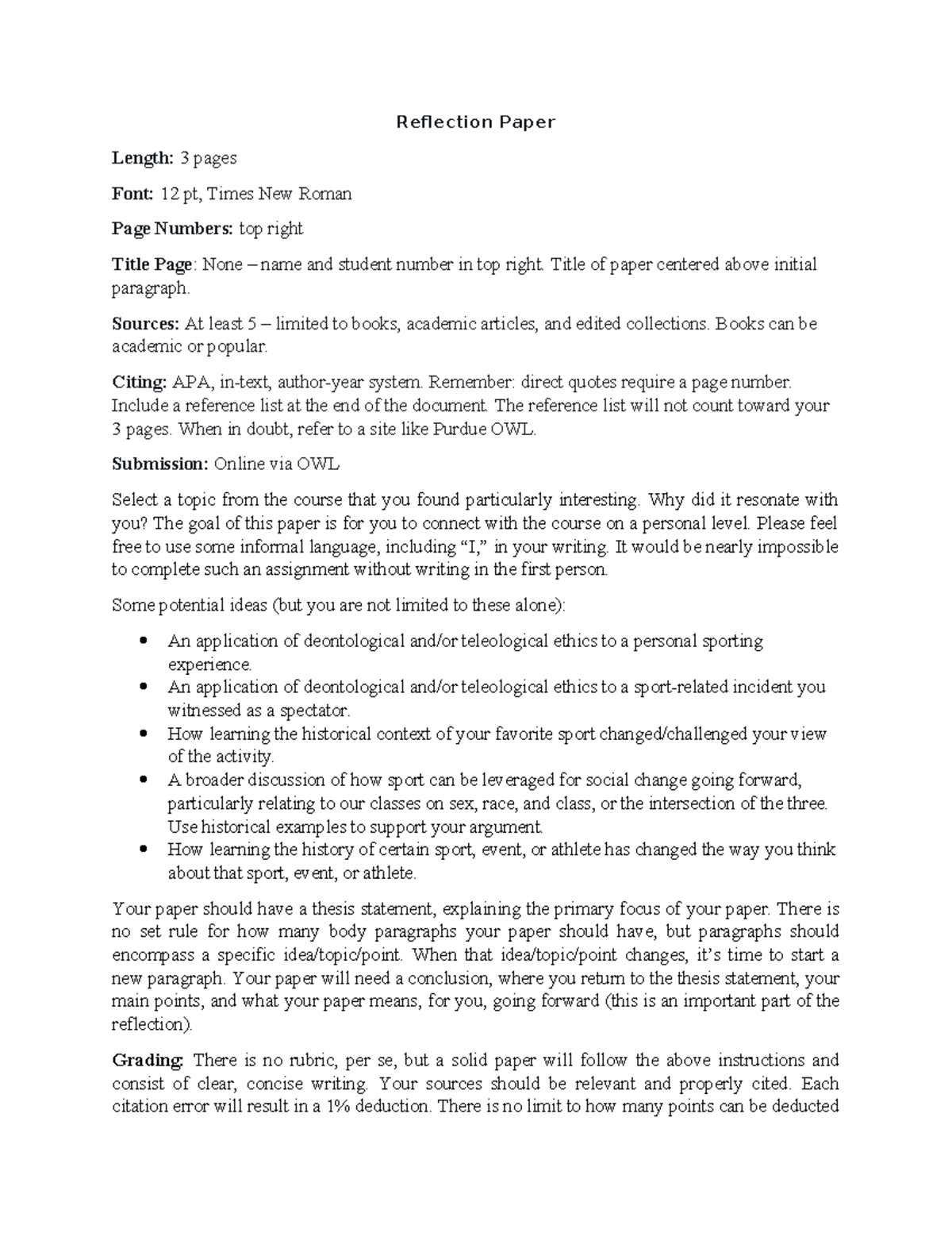 Reflection Paper - Reflection Paper Length: 3 pages Font: 12 pt, Times ...