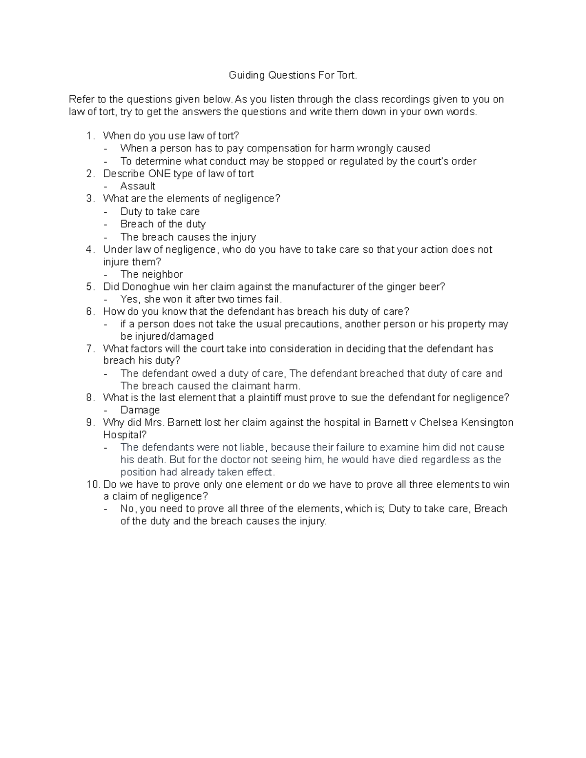 Tort Tutorial 1 Guiding Questions For Tort. Refer to the questions