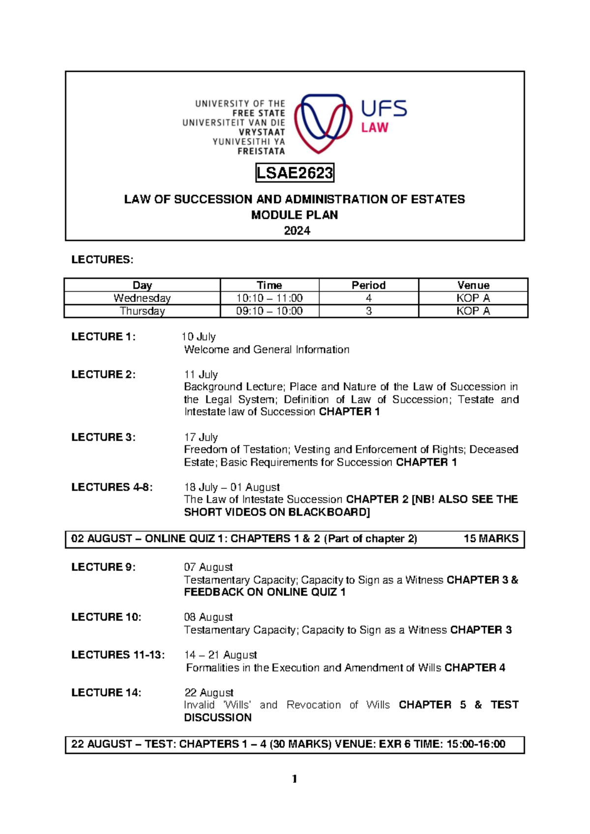 LSAE2623 Module Plan - NICE - 1 LSAE LAW OF SUCCESSION AND ...