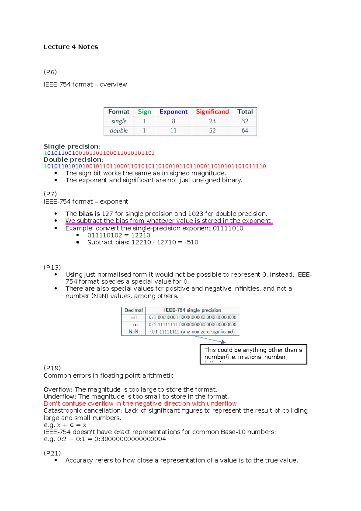 Lecture 4 Notes - Lecture 4 Notes (P) IEEE-754 format – overview Single ...