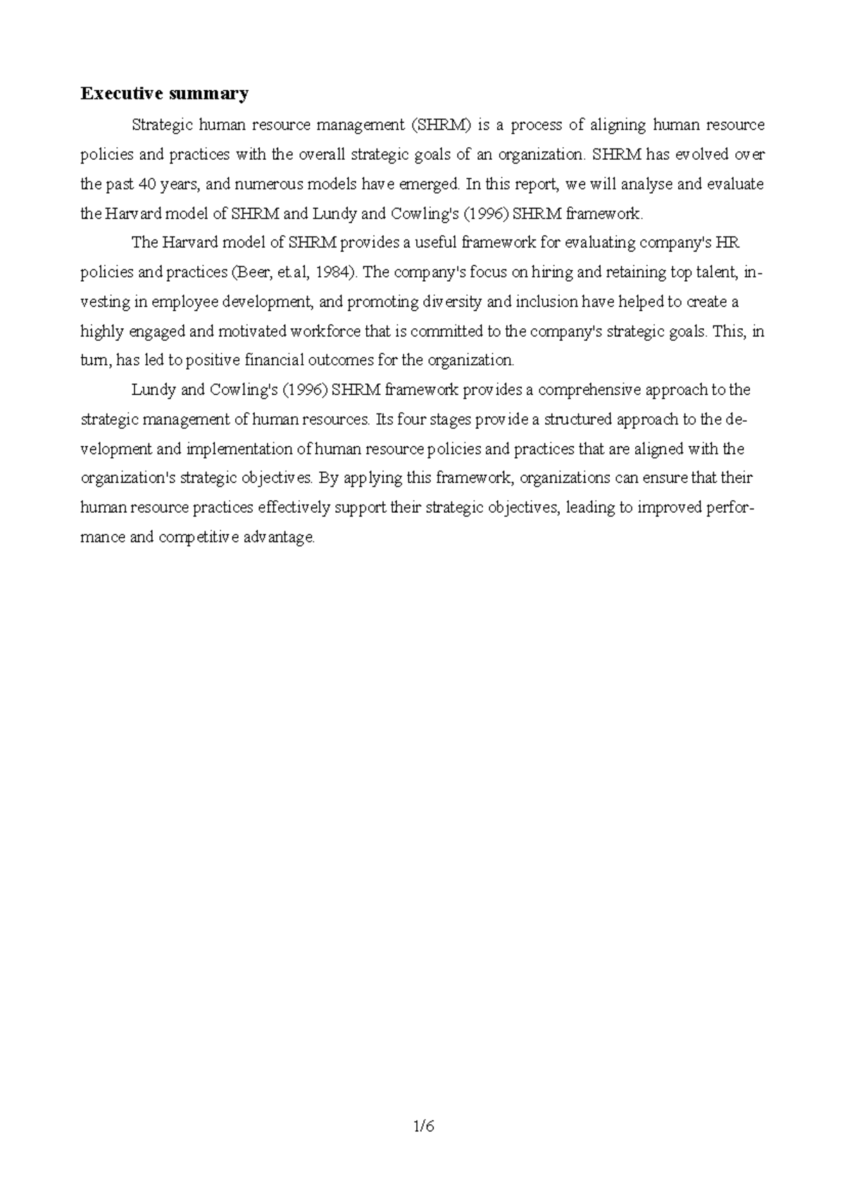 Strategic human resource management - Executive summary Strategic human ...