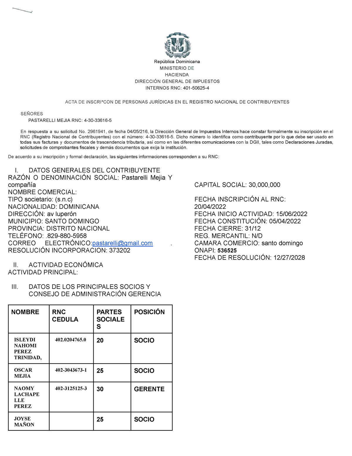 Acta De Inscripcion RNC - República Dominicana MINISTERIO DE HACIENDA ...