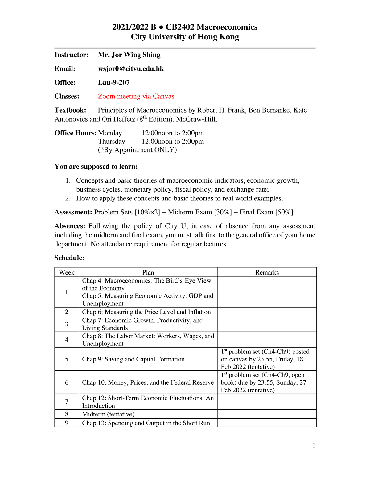 CB2402 Course Syllabus 21-22B - 2021/2022 B CB2402 Macroeconomics City ...