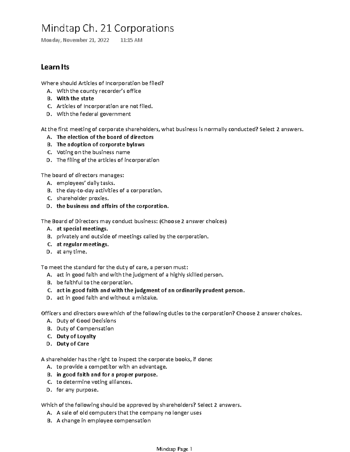 Mindtap Ch. 21 Corporations Learn Its Where should Articles of