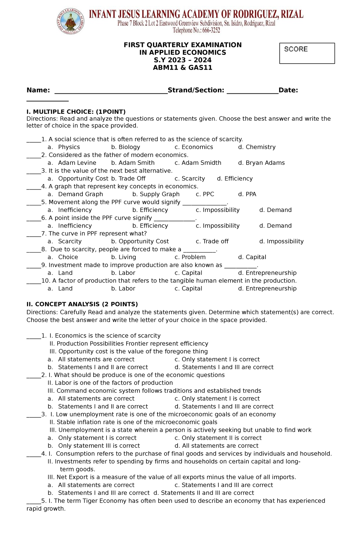 Applied Economics Exam - FIRST QUARTERLY EXAMINATION IN APPLIED ...