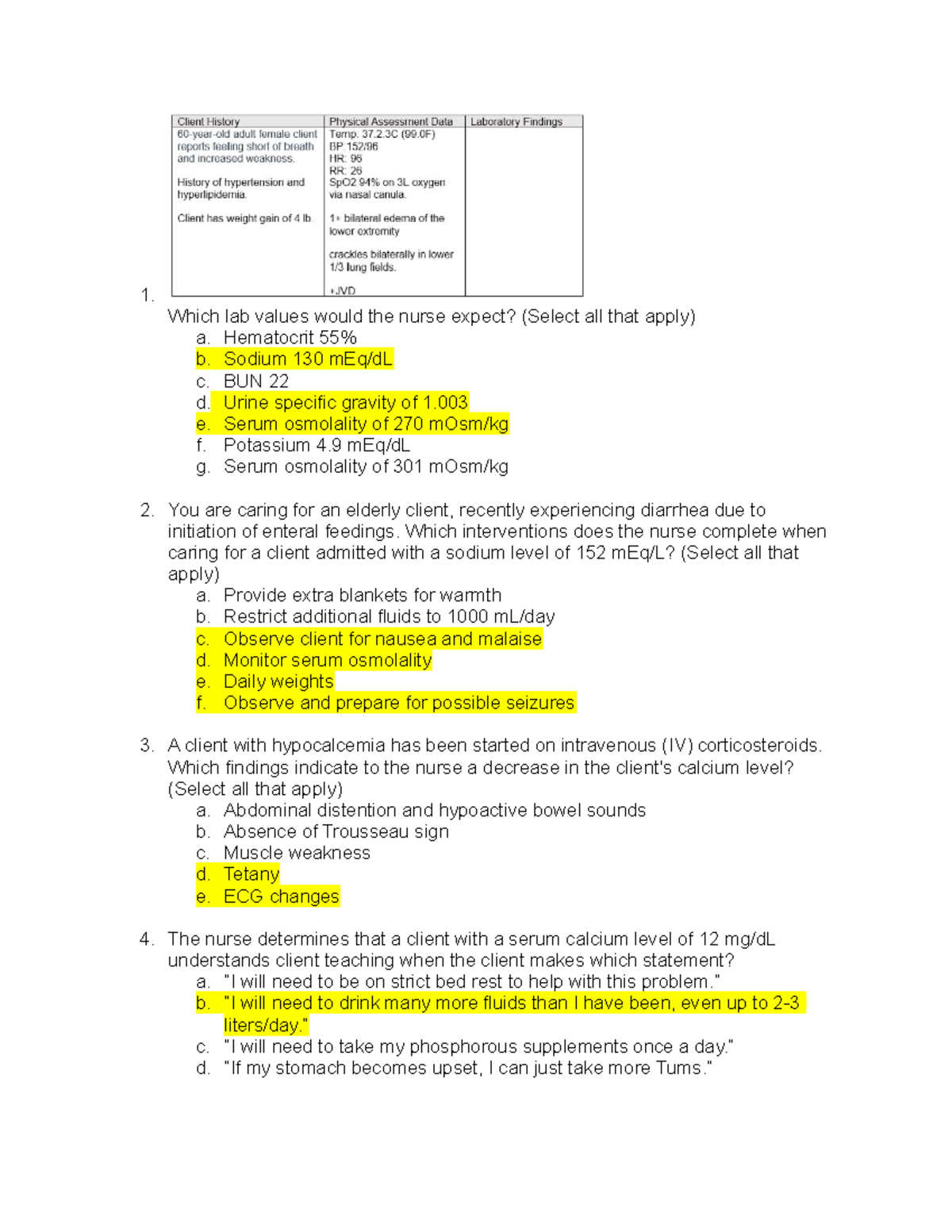 Exam I Quiz For Adult Health I Nr324 1 Which Lab Values Would The Nurse Expect Select 0903