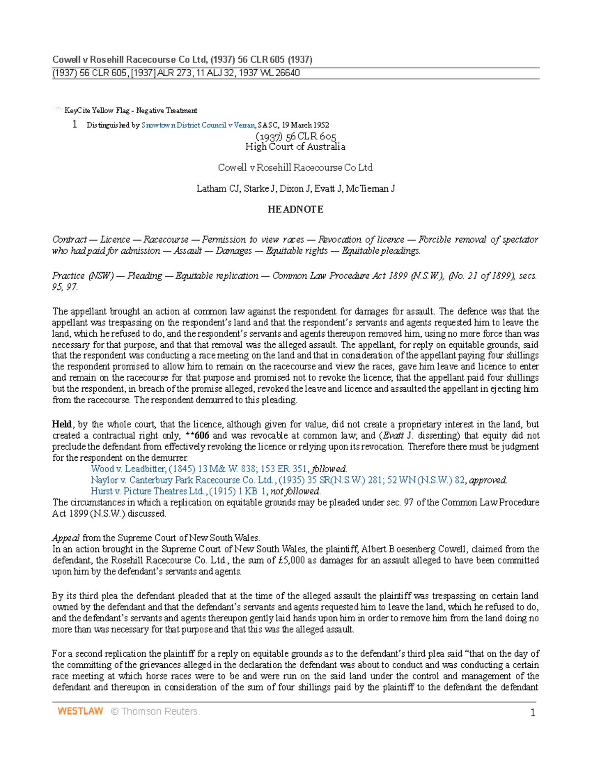 Cowell v Rosehill Racecourse Co Ltd (1937) 56 CLR 605, [1937] ALR 273