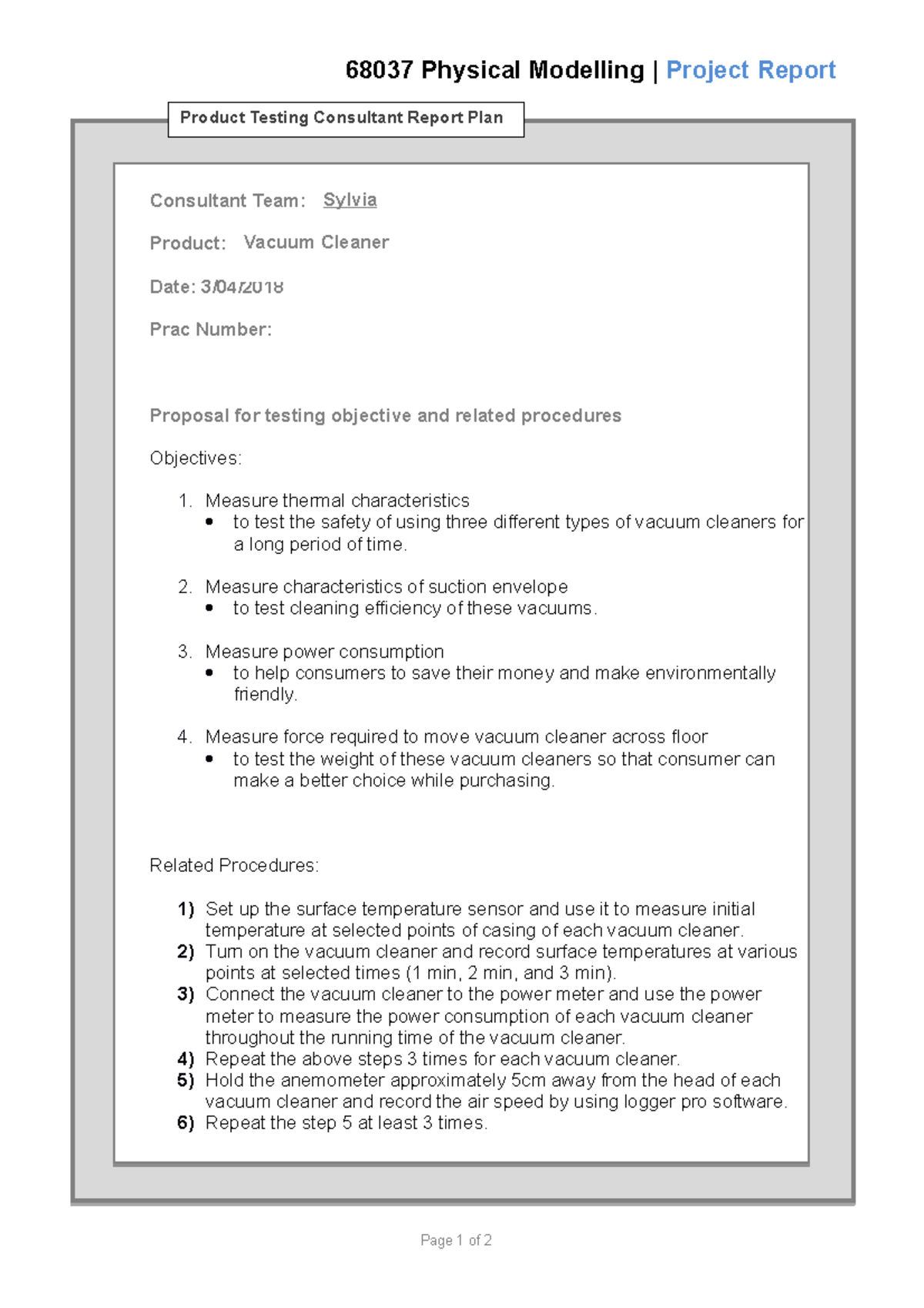 Project Plan 2 Vacuum Cleaner 68037 Physical Modelling Project