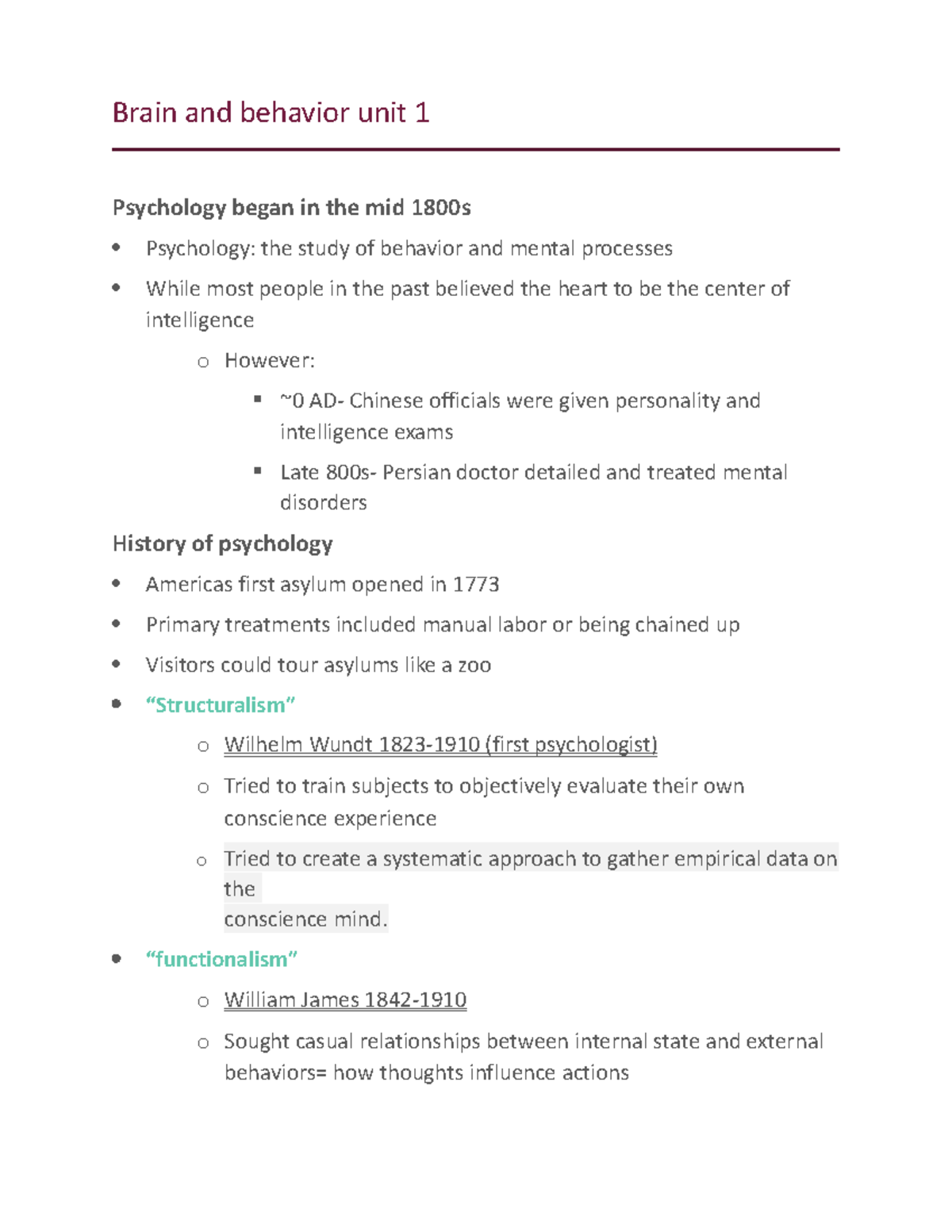 Psych 8-24 Unit 1 - Notes - Brain And Behavior Unit 1 Psychology Began ...