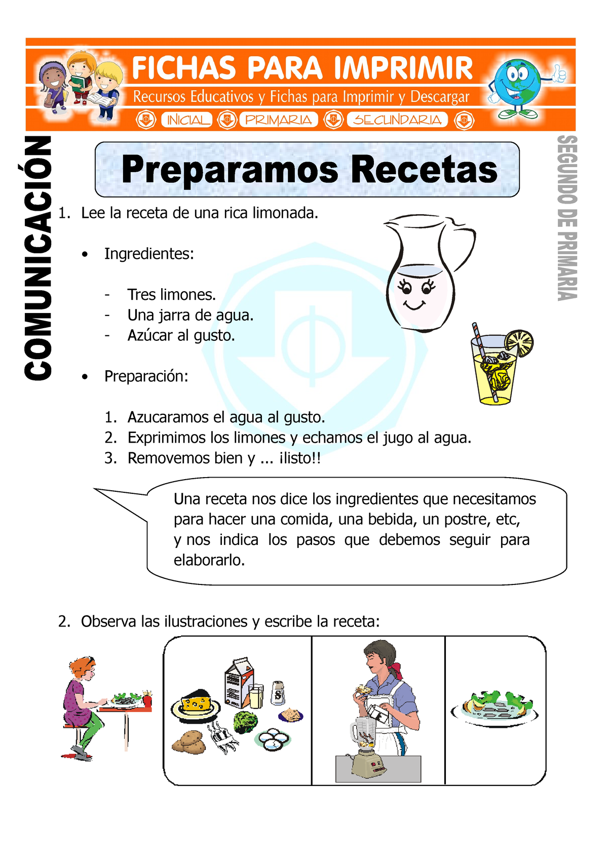 Ficha de Preparamos Recetas para Segundo de Primaria - Lee la receta de una  rica limonada. - Studocu