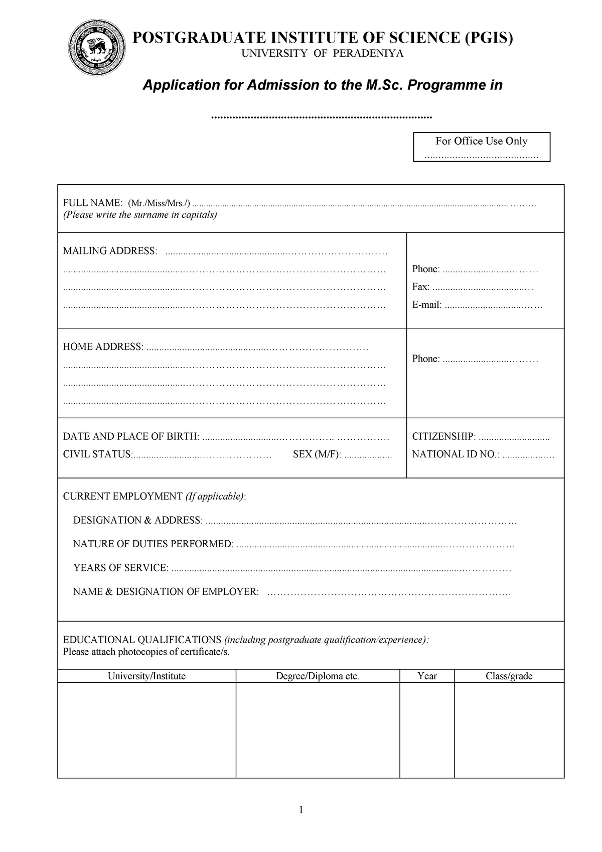 Mscapplication form MSc in IT Application form 1 1 + FULL NAME